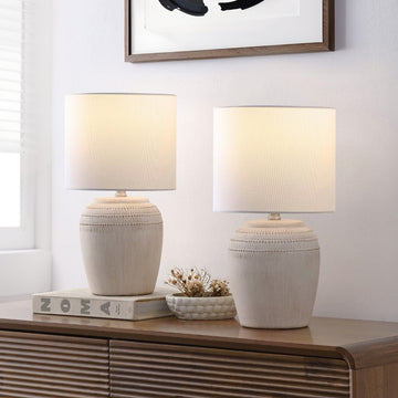 Hugo 16.75" Traditional Rustic Reeded Ceramic Vase LED Table Lamp, Set of 2